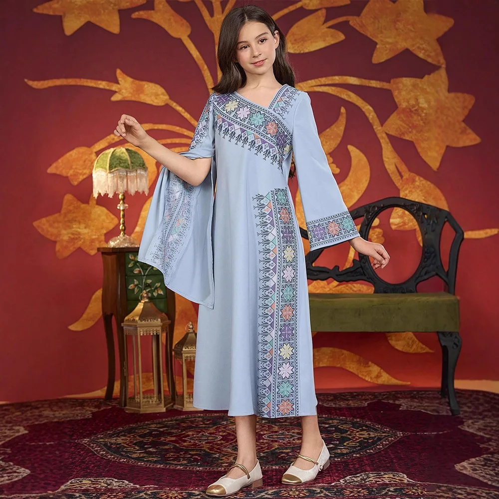 New Muslim Kids Girls Embroidery Long Sleeve Maxi Dress Robe Ramadan Islamic Children Clothing Arabic Abaya Turkey Party Morocco