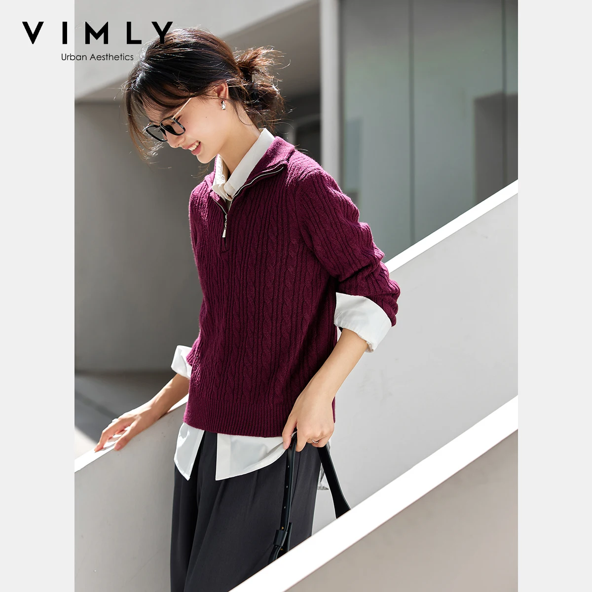 VIMLY suéter retorcido mezclado de lana verde para mujer otoño 25 nuevo suéter de punto con solapa de viento perezoso Top 75091