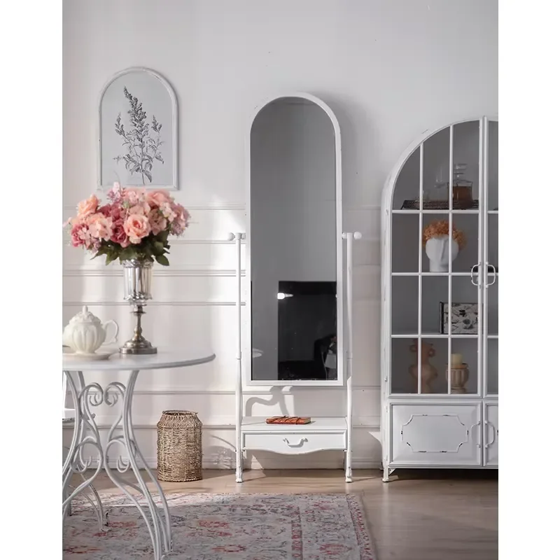 White Arched Floor Mirror Full Length Metal Frame French Style Iron Standing Mirror With Drawer For Bedroom Living Room Decor
