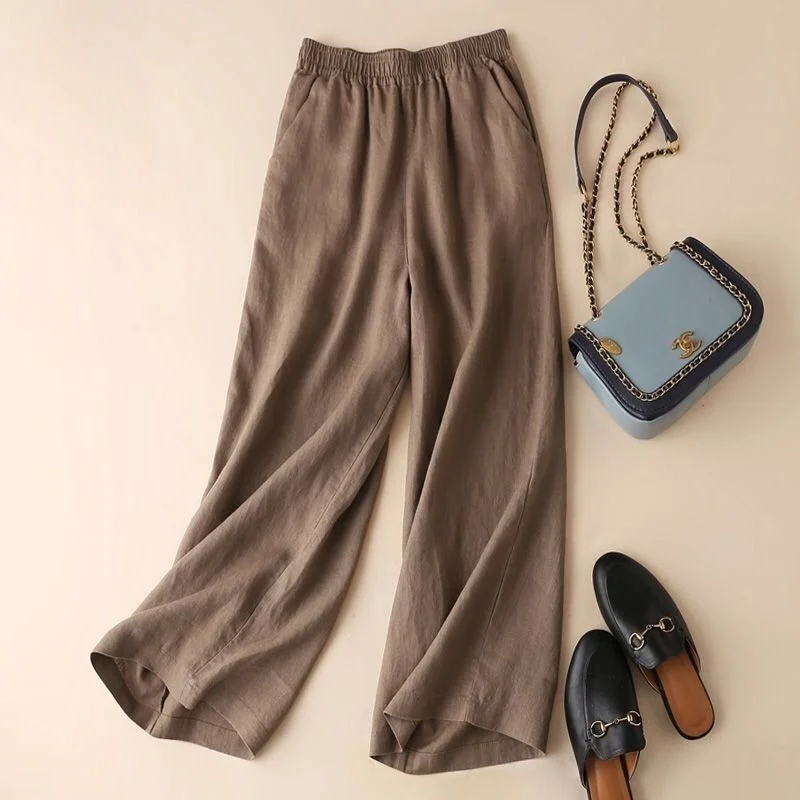 Cotton Linen Wide Leg Pants Women Summer New Loose Straight Casual Thin Nine Points Big Foot Pants High Waist Pocket Pants