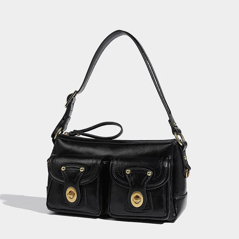 

JIAERDI Y2K Ретро кожаная черная сумка на плечо для женщин с двойным карманом Универсальная повседневная сумка через плечо