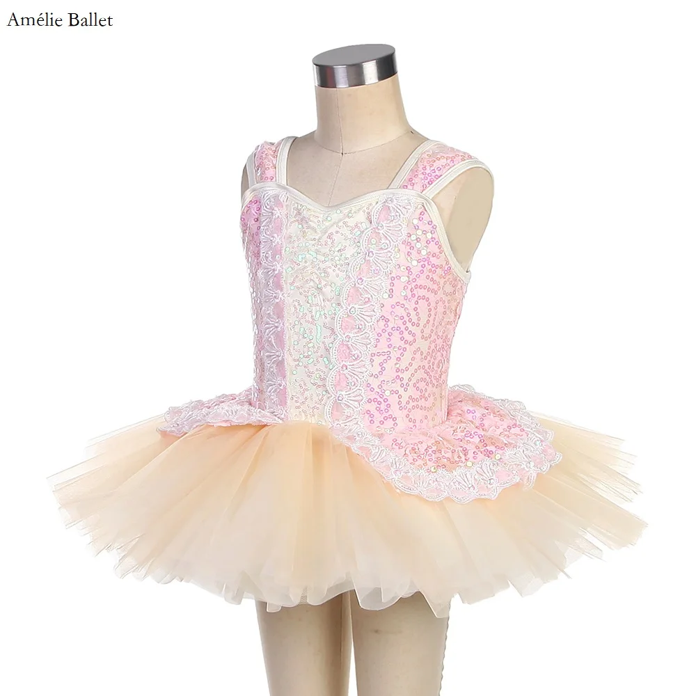 23025 corpete de elastano de lantejoulas rosa com saia tutu de tule marfim, fantasia de balé infantil para meninas, performance de palco, roupa de dança