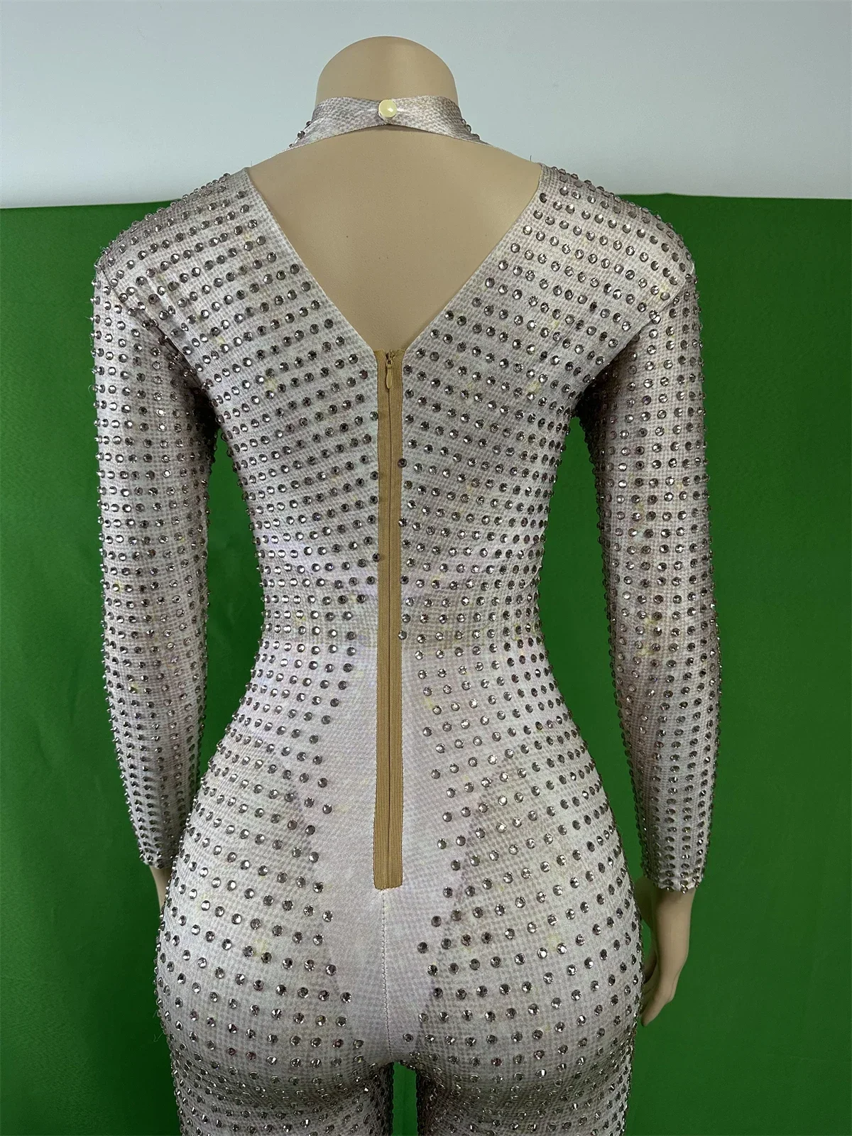 Kombinezony damskie ze spandexu, elastyczne, w całości wysadzane cyrkoniami, błyszczące, do tańca na rurze, dla DJ-ek, DS, do klubu nocnego, srebrne stroje, kostiumy drag queen.