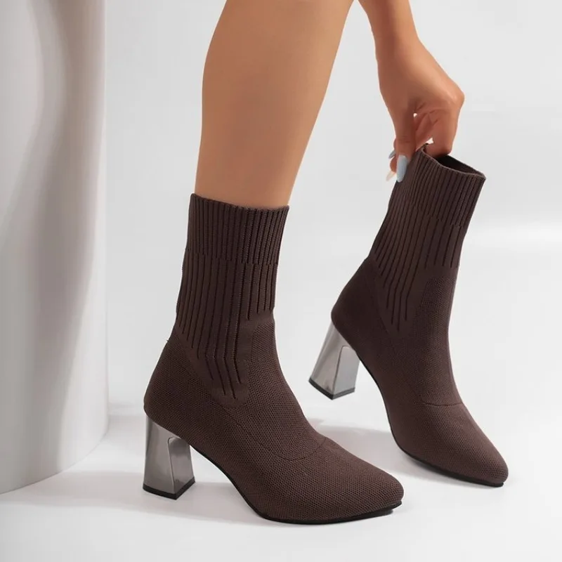 Damen 2026 Herbstmode Einfarbige Elastische Stiefel mit Spitze und Hohem Absatz, Markendesign Einfarbige Knöchelstiefel – Detail 13