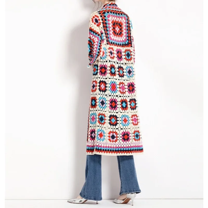 

2024, весенне-осеннее длинное стильное элегантное жаккардовое ажурное пальто с длинными рукавами и принтом в стиле ретро