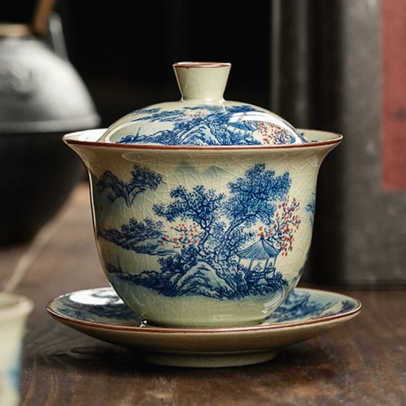 Large‑size Jingdezhen Antique‑style Blue‑and‑White Landscape Sancai Gaiwan Heat‑resistant Kung‑fu Tea‑brewing Bowl Holiday Gift