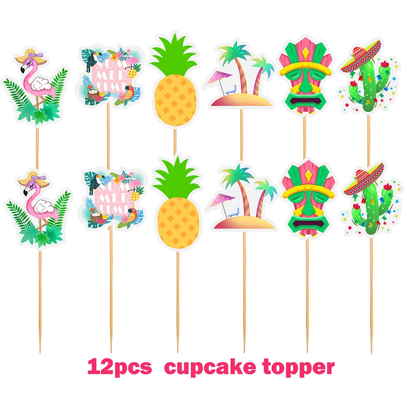 Hawaiian Cupcake Toppers Flamingo Pineapple Happy Birthday cake Topper Tropical Summer Beach Birthday Party Cake Decoration