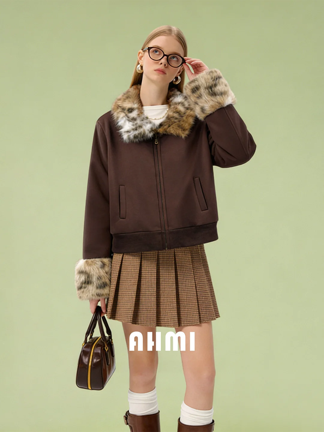 

AHMI Retro Leopard Print Fur Collar Patchwork Long Sve Baseball Jaet Women's Autumn Winter New Faion Ele Outerwear