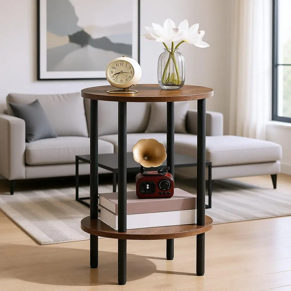 

Round Side Table, 2-Tier End Table, Small Round Nightstand, Industrial Circular Coffee Table, Living Room, Bedroom, Rustic Brown