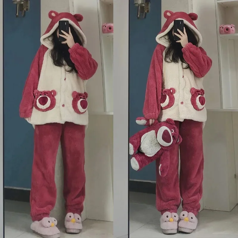 Korean Ins Cute Strawberry Bear Coral Velvet Pajamas Women\'s Autumn And Winter New Thickene Velvet Home Clothes Two-Piece Suit