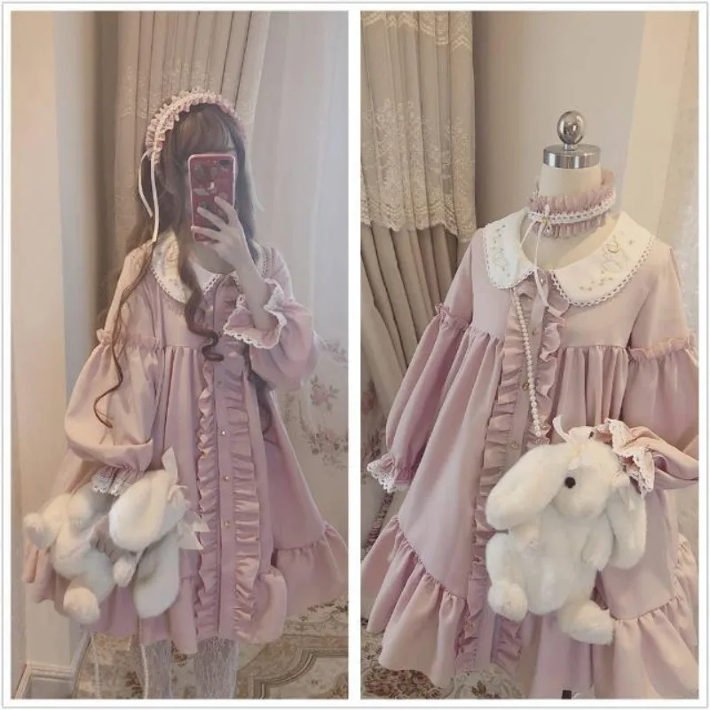 

Cute Lolita Summer Dress Coat Pink Ladies Ruffle Lace Patch Kawaii Dresses Cosplay Sweet Loose Vestidos for Women
