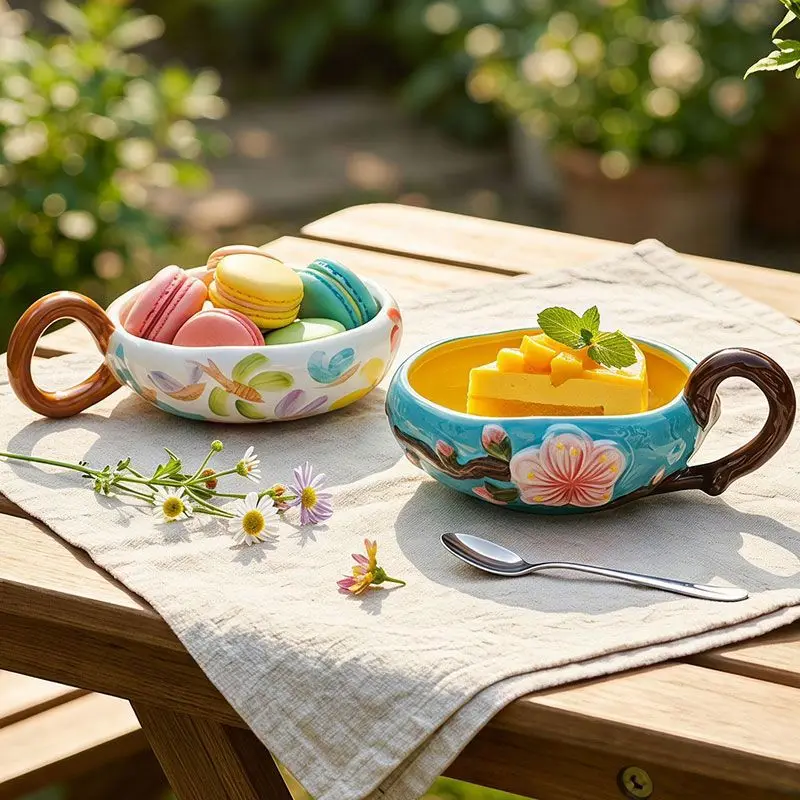 

Elegant Light Luxury Single Handle Ceramic Bowl with Peach Blossom Dragonfly for Salad Fruit Breakfast Dessert Home Decor