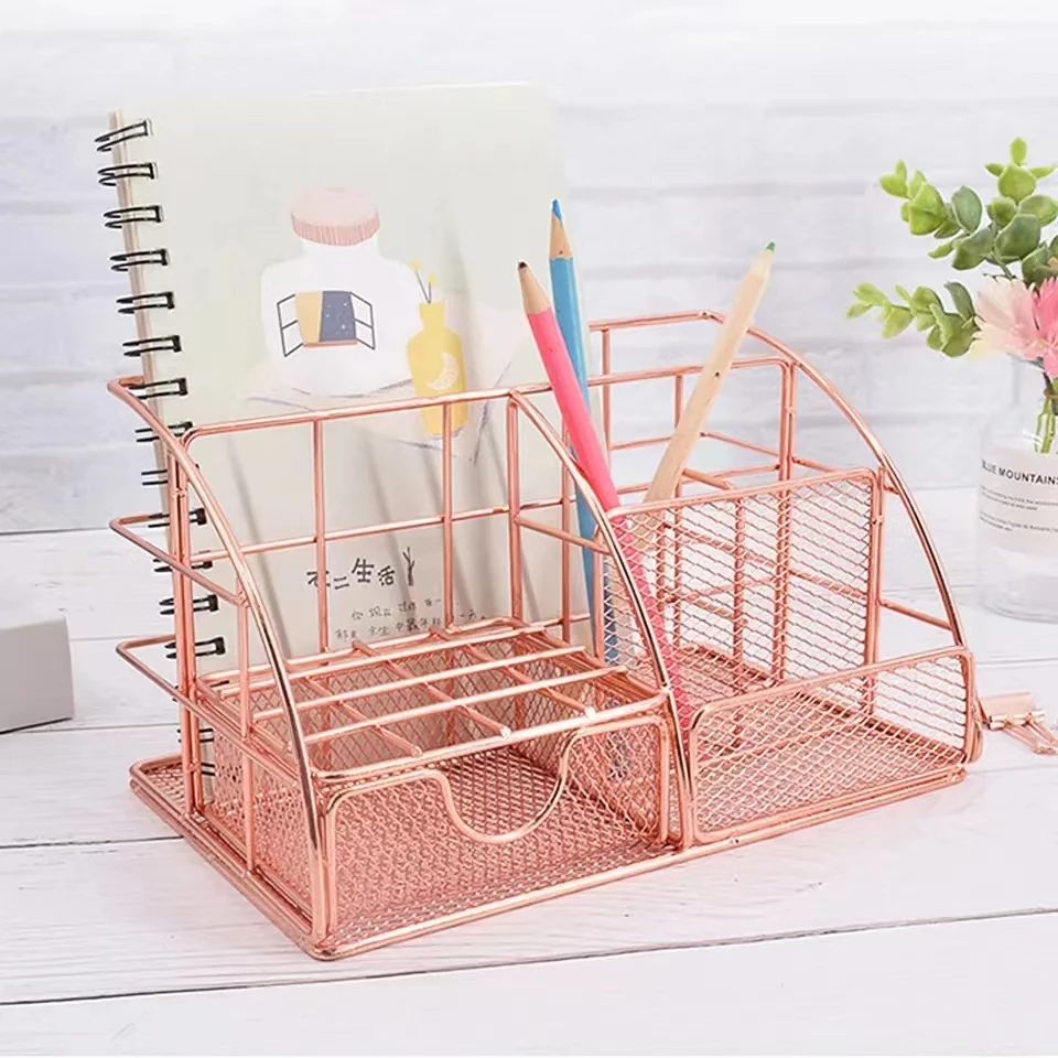 

Desktop Storage Box Rose Gold Mesh Metal Office Supplies Accessories with Drawer for Home Office Makeup Organizer органайзер