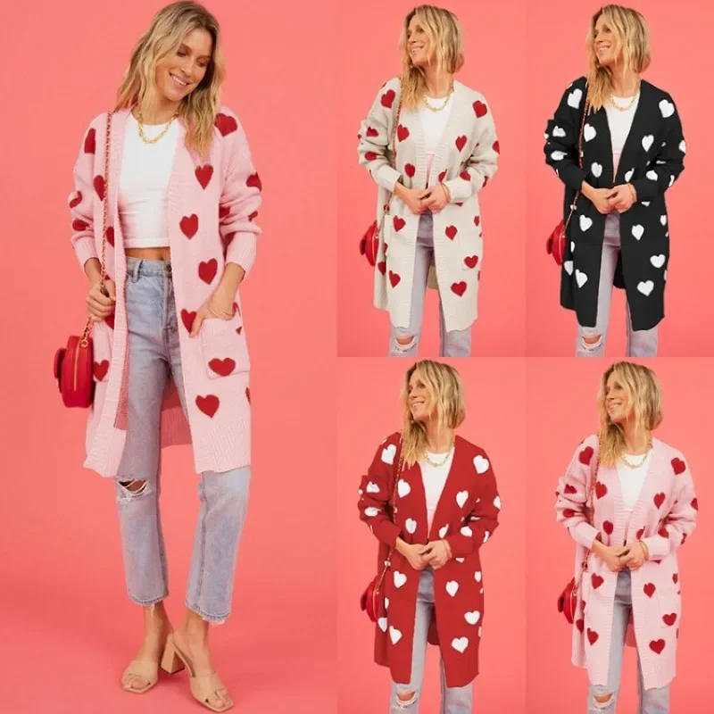 

New Valentine's Day love knitted cardigan love pocket V-neck medium and long coat, women