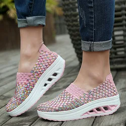 Zapatos De Mujer Sneakers Women's Mixed Color Woven Wedge Rocking Shoes Lightweight Non-slip Breathable Loafers Chaussure Femmes