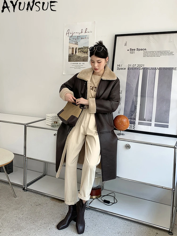 معطف فرو الأغنام ميرينو الطبيعي من AYUNSUE سترة نسائية من الجلد الطبيعي 2025 معاطف نسائية دافئة ملابس شتوية متوسطة الطول شوبانا Жеenca #5