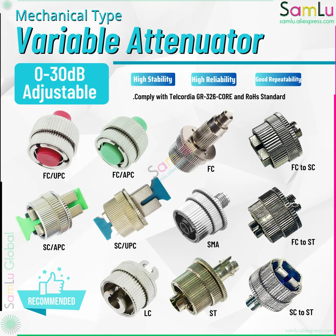 Samlu 2pcs FC Male To FC Female Fiber Attenuator 0~30dB Mechanical Type Fiber Optical Adjustable Coupler Variable Flange