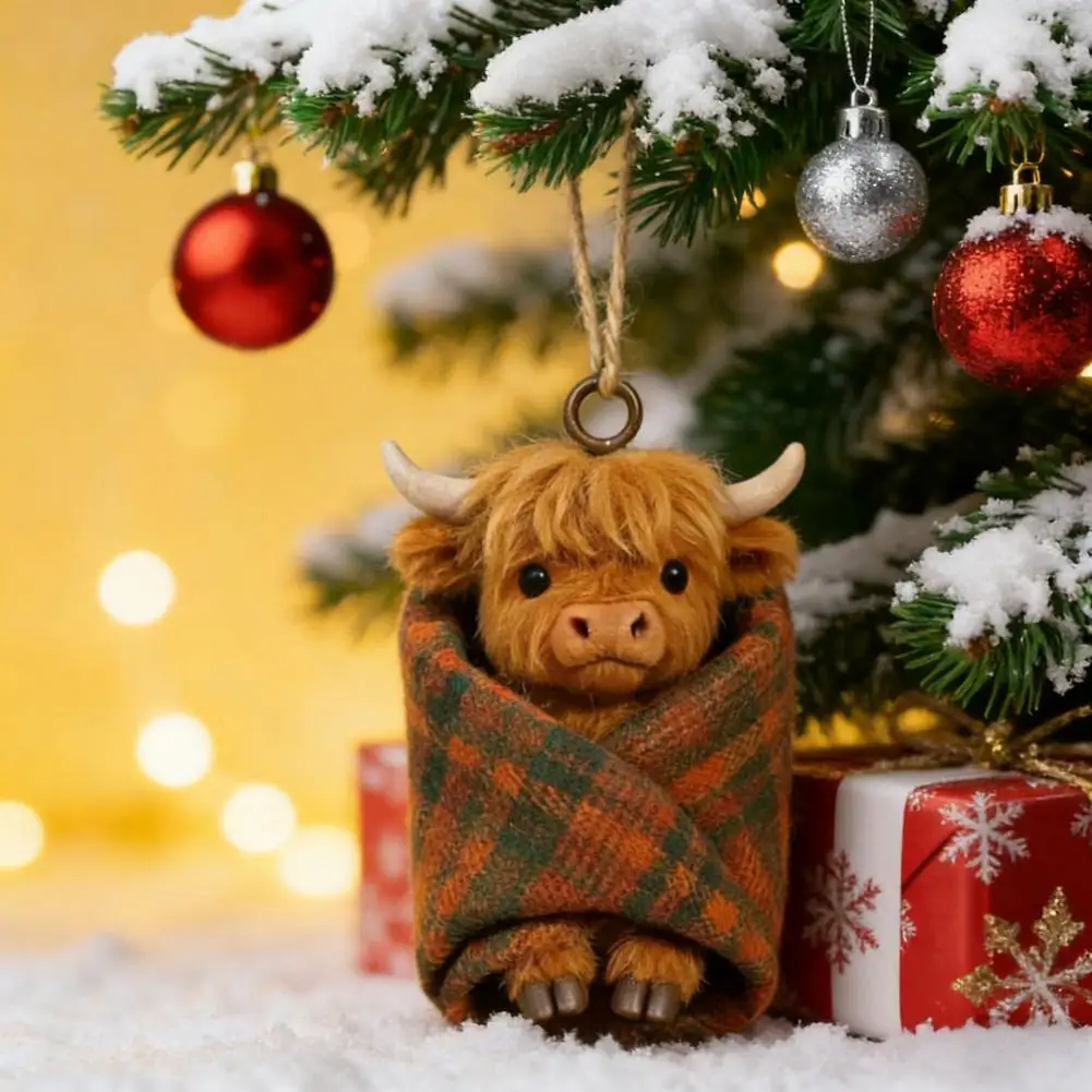 

Christmas Tree Ornament Cozy Wrapped Critters Acrylic Highland Cow Ornament Hanging Alpaca Plush Toy Cute Cattle Doll Holiday