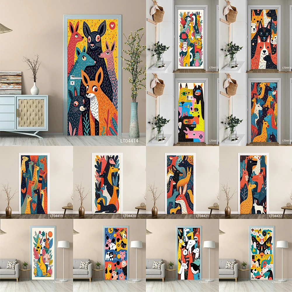 

Cartoon Forest Animal Door Sticker, Removable Peel and Stick Self Adhesive Wallpaper, Cute Fox Mural for Kids Room Home Decor