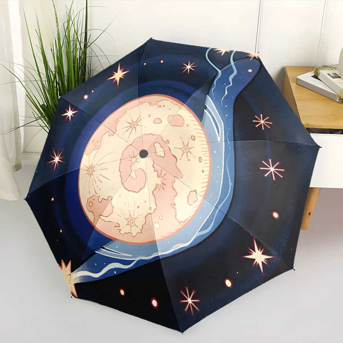 1PC Space-Inspired Umbrella Design with Celestial Motifs Print 8 Iron Ribs Folding Umbrella Auto-Open Fashion Sunshade