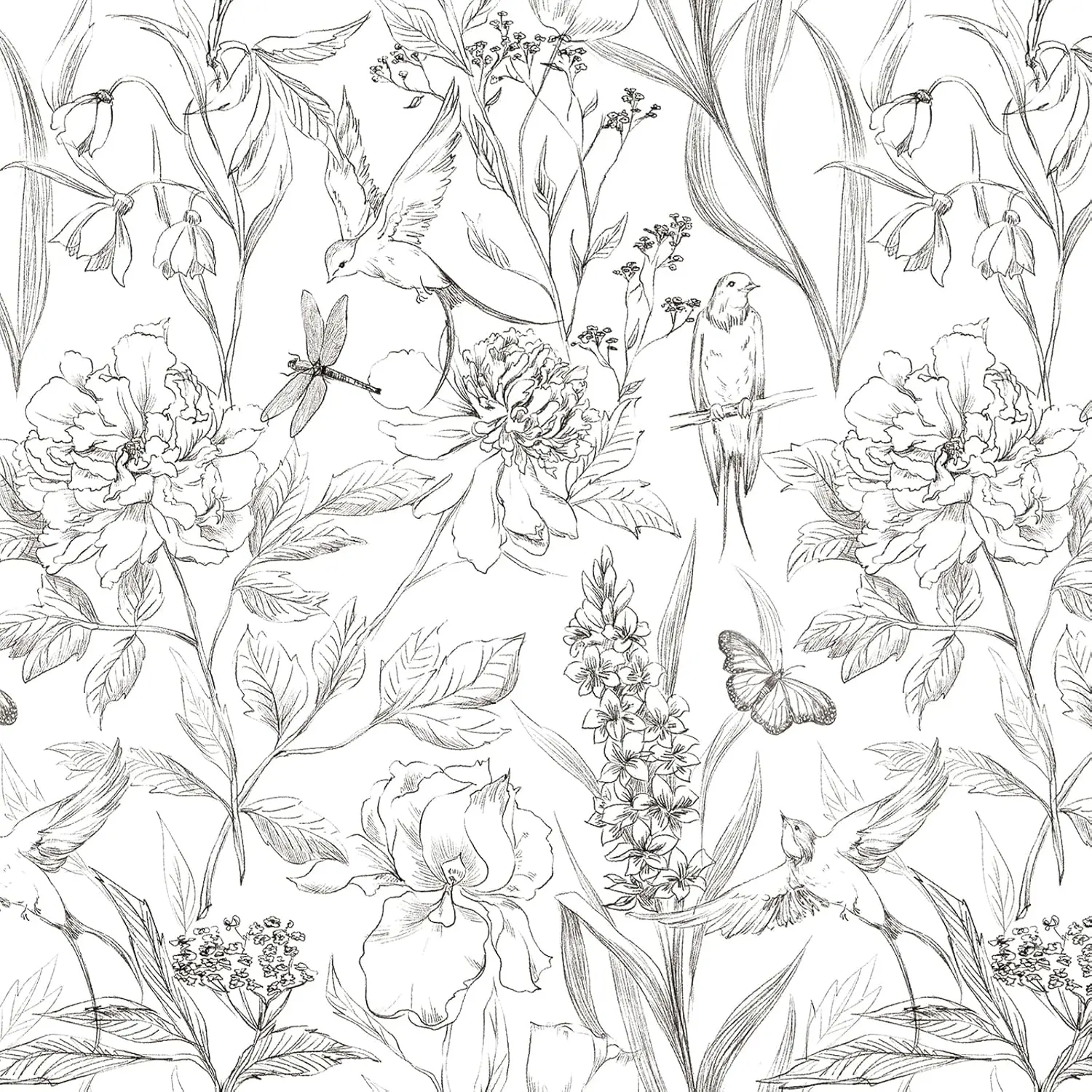 

Black and White Floral Bird Peel and Stick Wallpaper Boho Removable Contact paper Vintage Leaf Self Adhesive Wallpaper