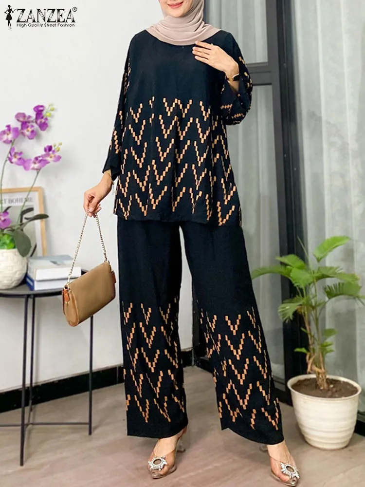

ZANZEA Loose Casual Pant Sets Elastic Waist Trousers 3/4 Sleeve Tops Muslim Fashion Printing Matching Sets Everyday 2pcs Outfits