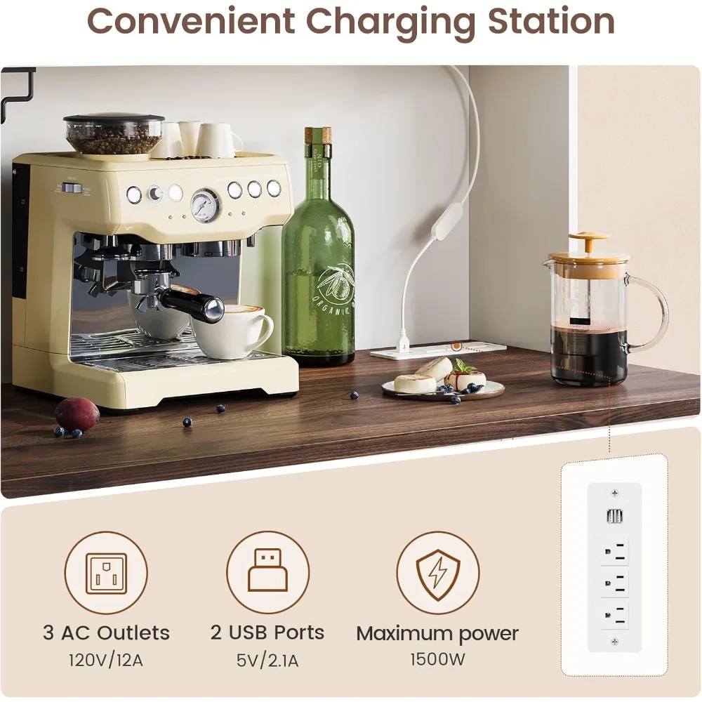 収納付きファームハウスビュッフェキャビネット コーヒーバーステーションキャビネット 電源コンセントとLEDライト付き、スライド付きトールバーキャビネット