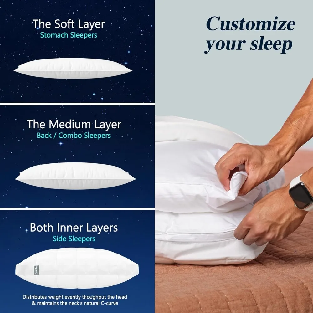 Cooling Adjustable Pillow Set of 2 for Side, Back, Stomach Sleepers - Soft Firm Support with Temperature Control