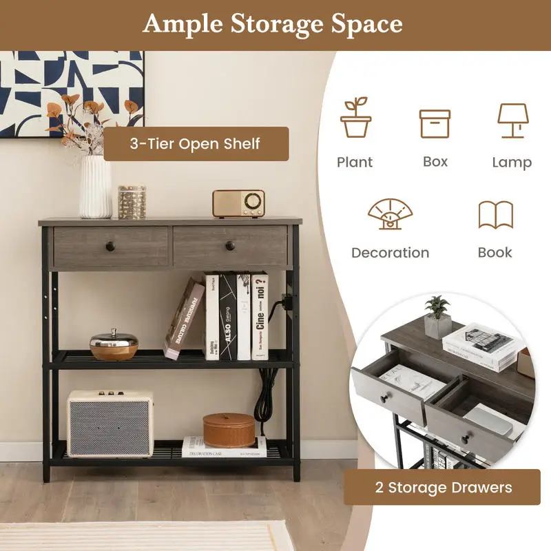 

Narrow Console Table with 2 Drawers and 2 Metal Mesh Shelves-Gray