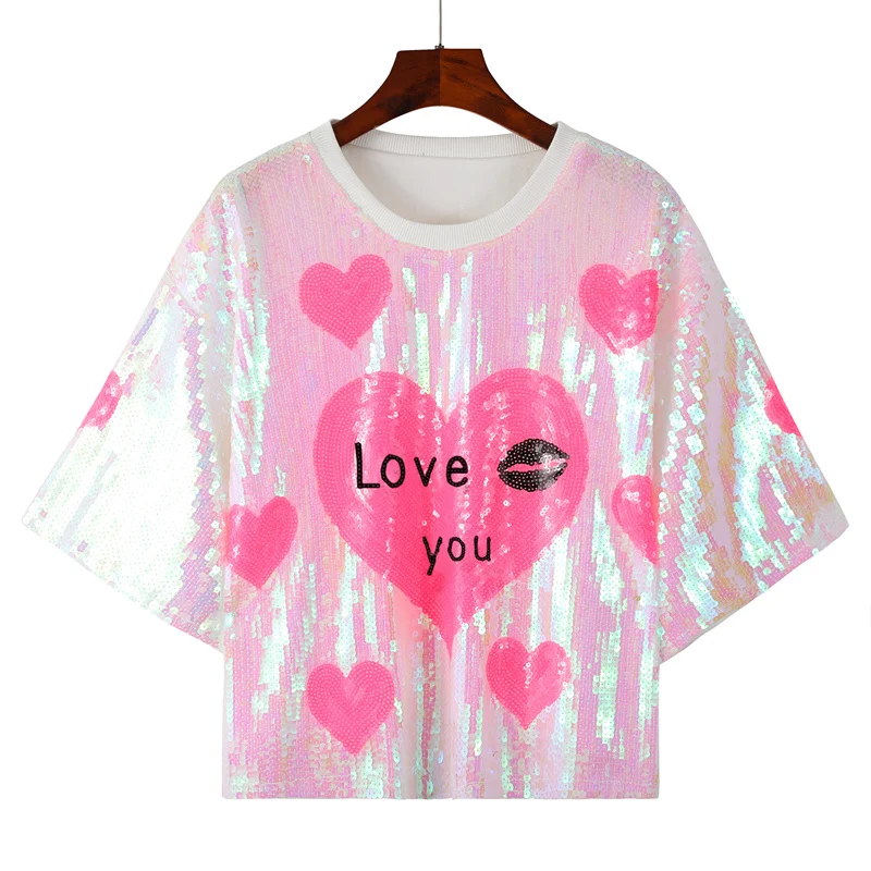 Summer New Geometric High Quality Letter Short Sleeve Sequin Round Neck Women's Tops Streetwear Loose Hip Hop T-Shirt