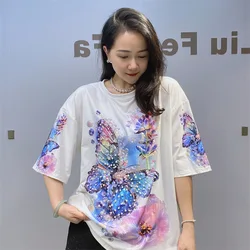 2024 Fashion Colorful Bufferfly Printed T Shirts Women Summer Clothes Casual Hot Diamonds Beading Female Short Sleeve Tops Tee