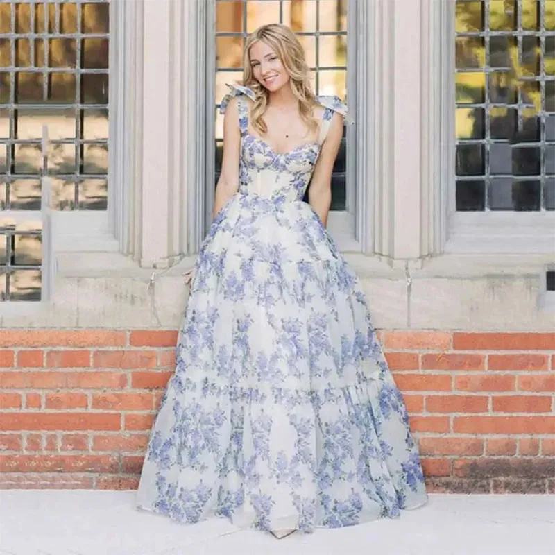 Fashion Blue And White Porcelain Prom Dress A-line Sweetheart Wedding Party Dresses Floor-Length Evening Dress Custom Made 2024