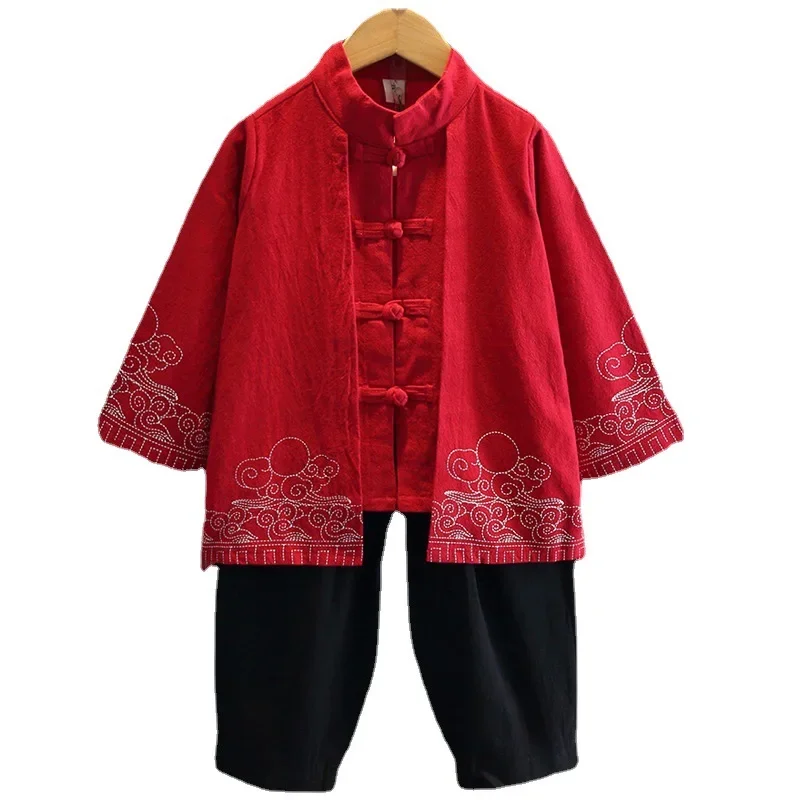 Spring Children\'s Set Boy Girls Hanfu Chinese Style Baby Ancient Clothing Long-sleeved Jacket Pants Skirt Set Tang Suit Costume