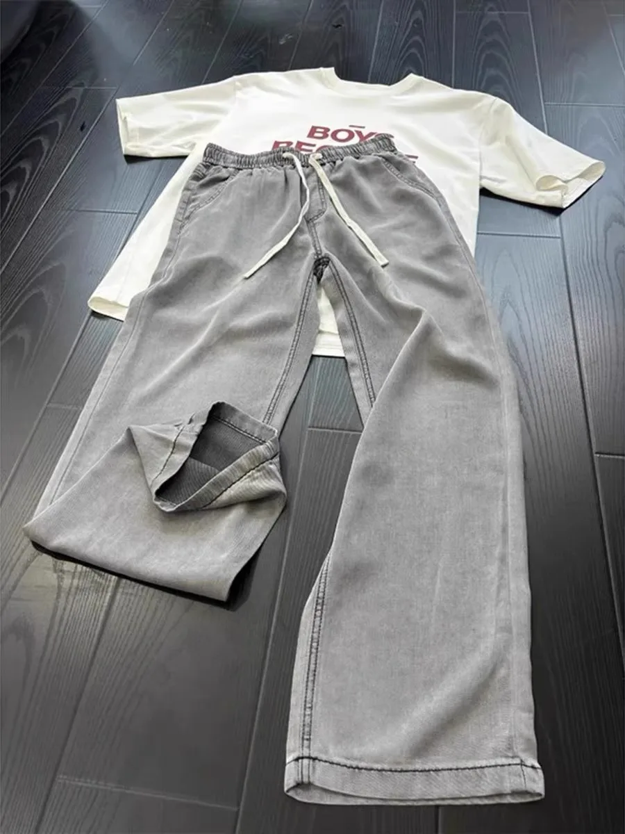 E ey الجليد الحرير الجينز الرجال الصيف مرونة الخصر واسعة الساق السراويل الطويلة الأمريكية الرجعية خفيفة الوزن مستقيم الساق السراويل #5