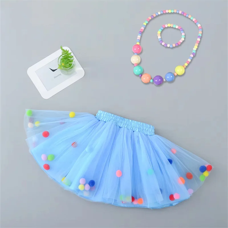 Baby's Colorful Pom-pom Decor Mesh Skirt Set Lovely Elastic Waist Skirt & Bracelet &Necklace Infant & Toddler Gir's Clothing