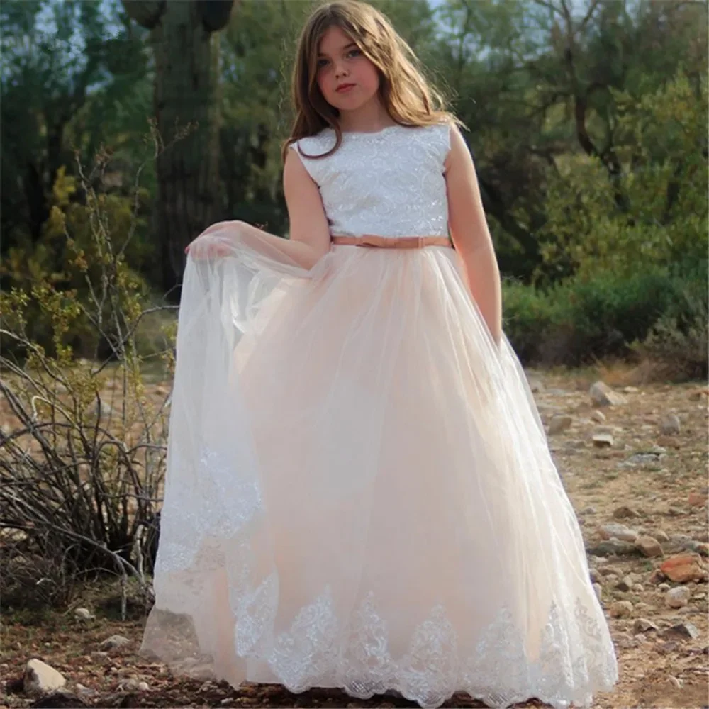 Платье для девочки с цветами, элегантное кружевное Тюлевое платье без рукавов с блестками в пол, платье для первого Святой причастия на Рождество, день рождения