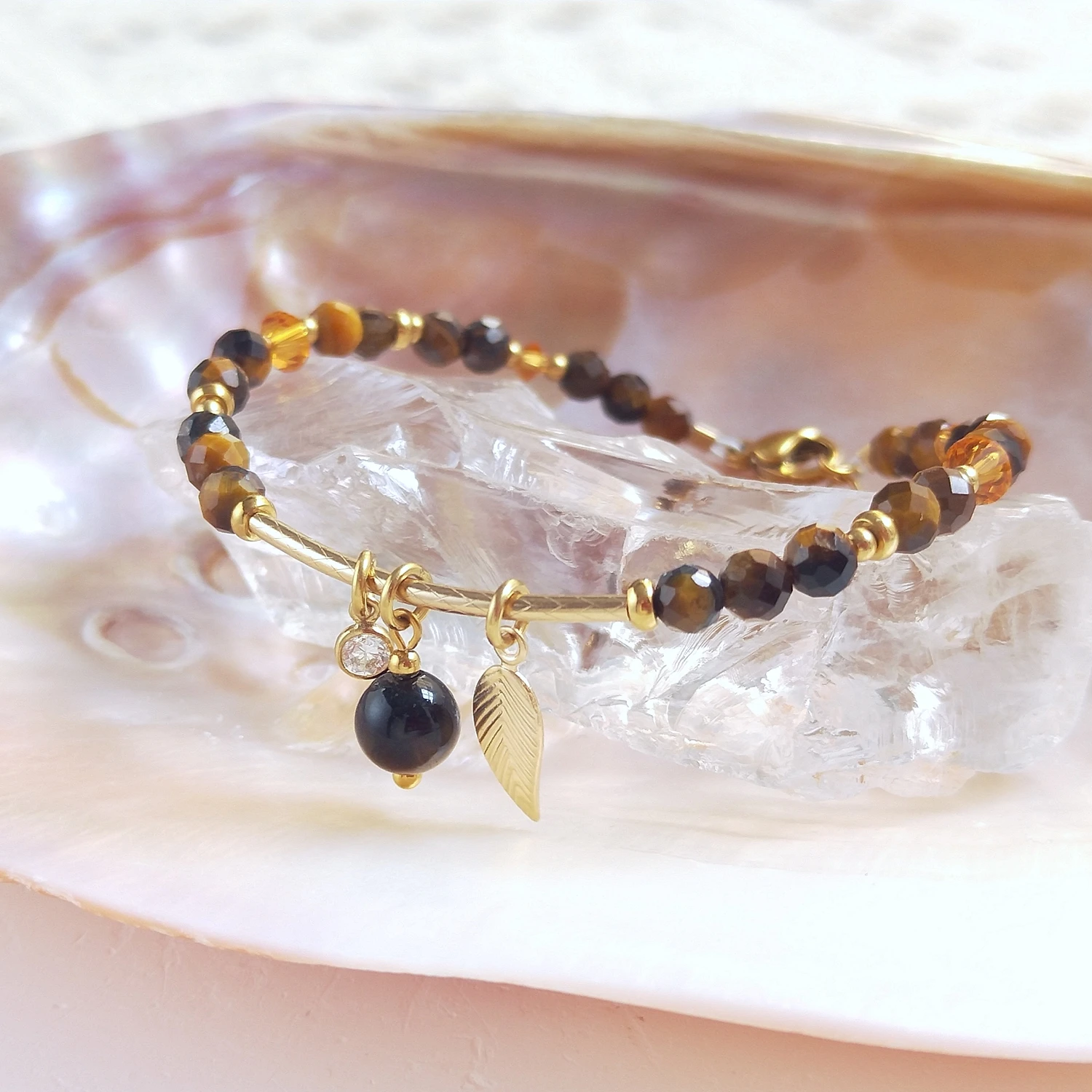 Lii Ji Natural 4mm Facted Tiger Eye Stainless Steel Bracelet Handmade Fashion Jewelry