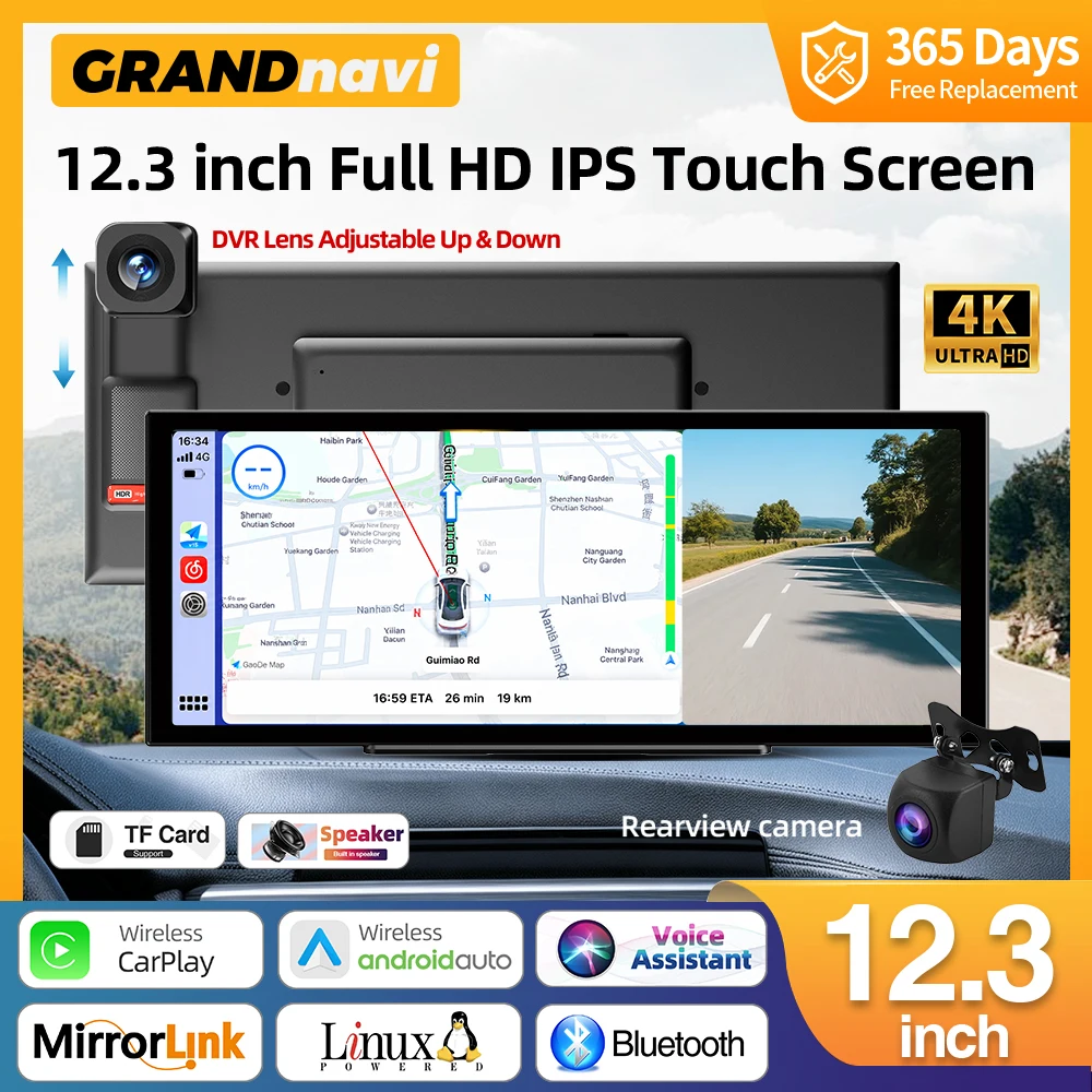 Cámara para salpicadero de 12,3 pulgadas, 4K, 1080P, grabadora de vídeo para coche con conexión inalámbrica, compatible con Carplay y Android Auto, GPS, pantalla táctil IPS.