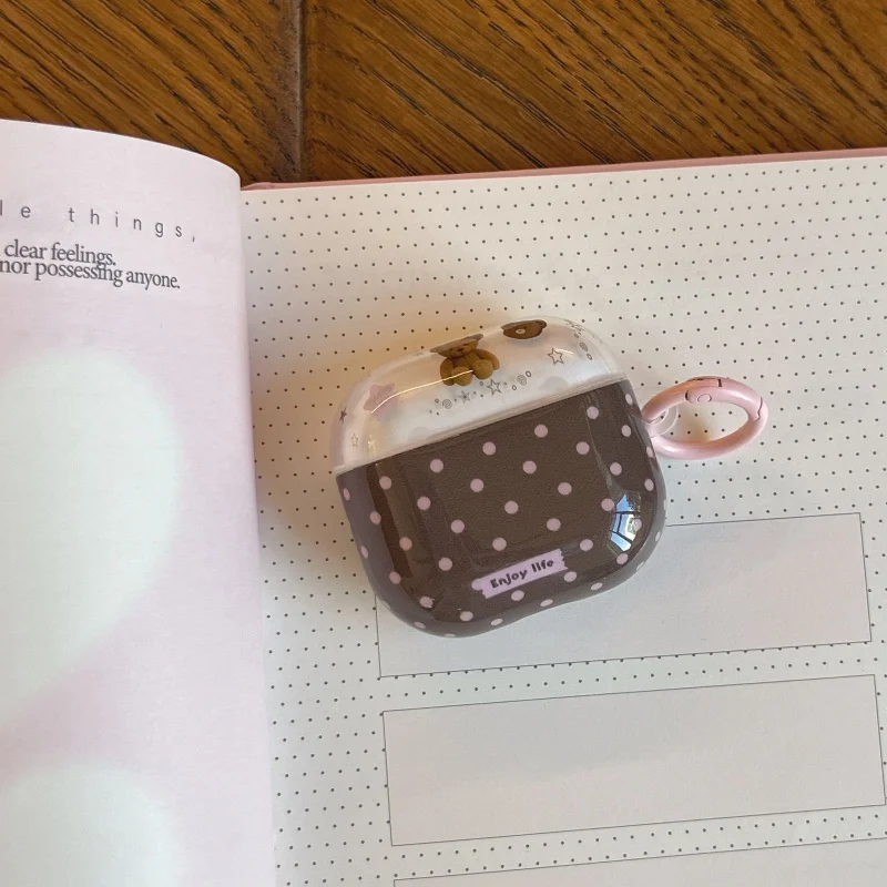 Cute Bear Pink Polka Dot Pattern Earphone Cover Case for Airpods Series, 1, 2, 3, 4,Pro, Pro2,Pro3,,Anti-fall