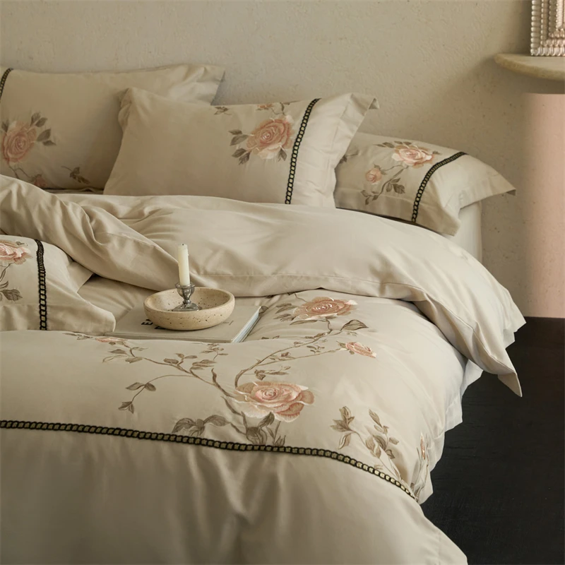 

Chinese Style Flowers Embroidery Luxury Bedding Set 600TC Egyptian Cotton Brushed Duvet Cover Flat/Fitted Sheet Pillowcases 4Pcs