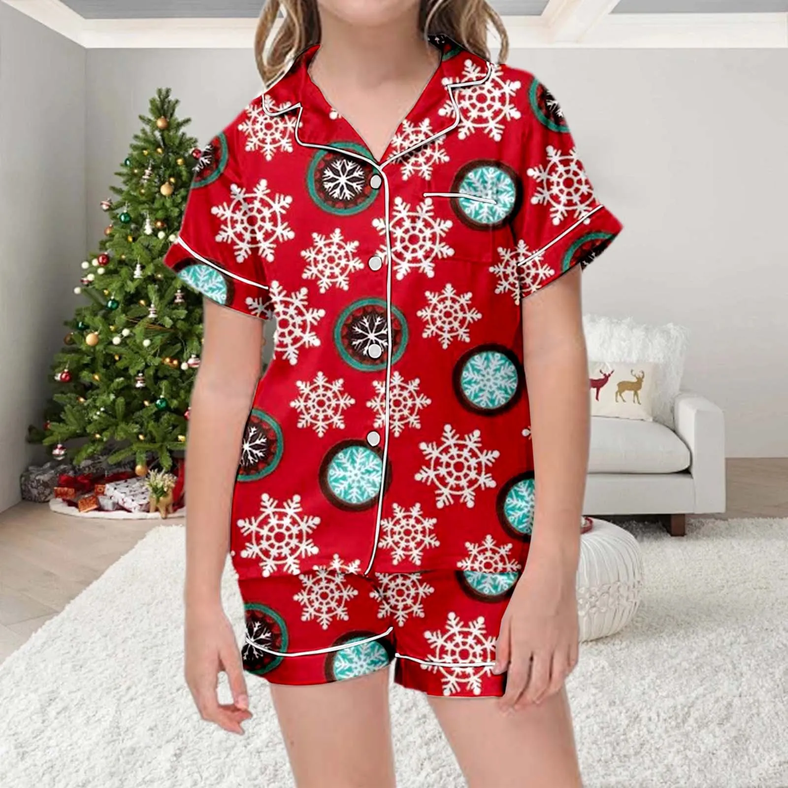 

Christmas Gift Print Short Sleeve Button Closure Top With Shorts 2 Pieces Sleepwear Uniform Baby Girl Christmas Satin Pajama Set