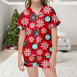 Christmas Gift Print Short Sleeve Button Closure Top With Shorts 2 Pieces Sleepwear Uniform Baby Girl Christmas Satin Pajama Set