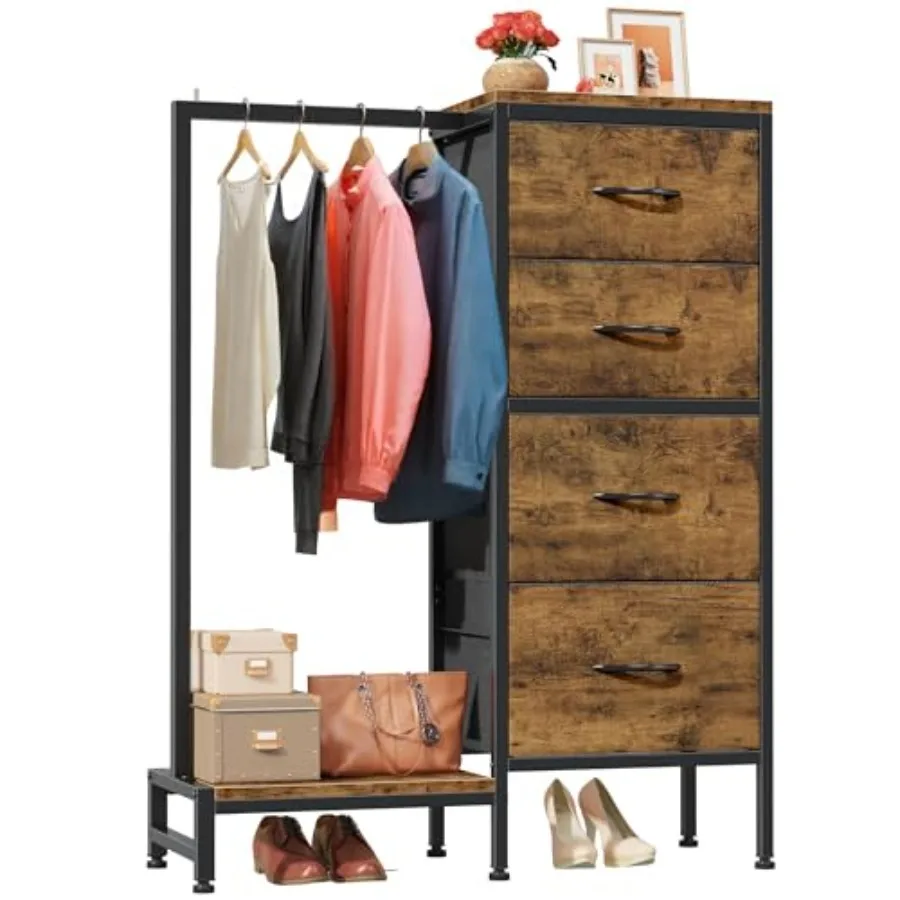 

Drer with Hanging Rack, 4 Drawers Small Closet for Bedroom, Reversible Fabric Chest of Drawers with Clothes Rack, Tall Storage
