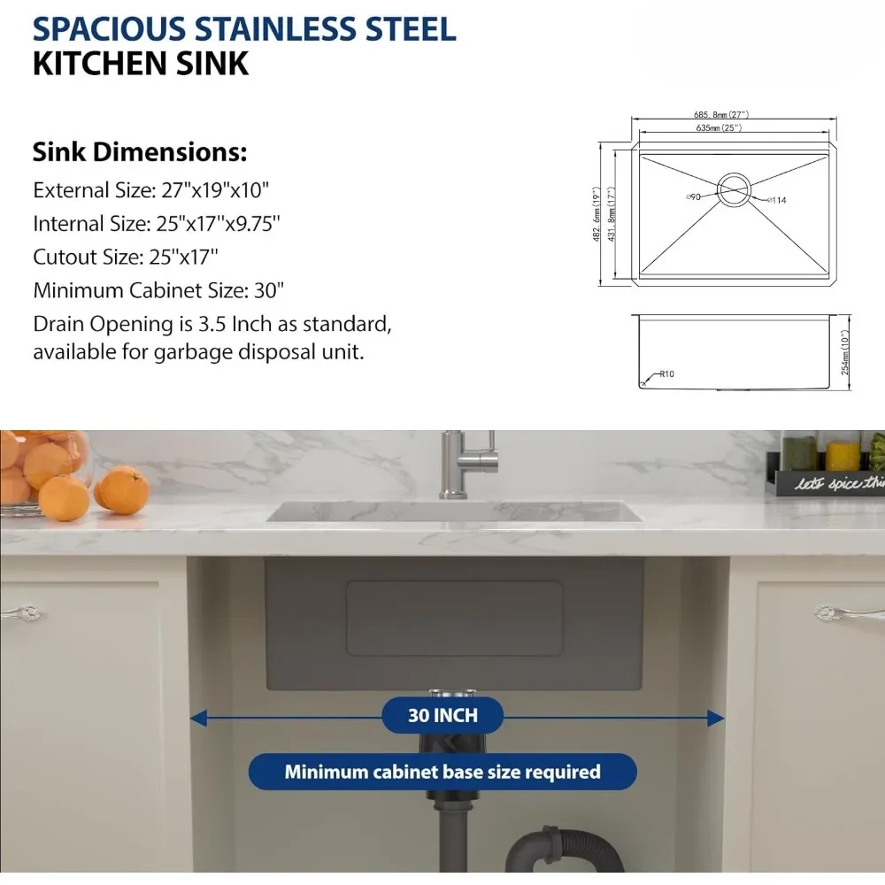 27x19 Inch Kitchen Sink with Accessories, Undermount Ledge Workstation Stainless Steel 16 Gauge Deep Single Bowl Kitchen Sink