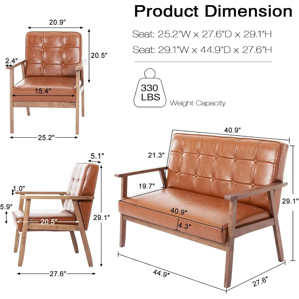 طقم أريكة حديثة بمقعدين، أريكة جلدية منجدة، مقاعد حب بمقعدين وكرسي مميز، مجموعات أثاث غرفة المعيشة، كوب صغير #2