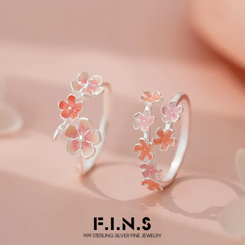 

F.I.N.S S999 Silver Cherry Blossom Open Ring Fresh Spring Stacked Drip Oil Pink Flower Finger Fashion Fine Jewelry Accessories