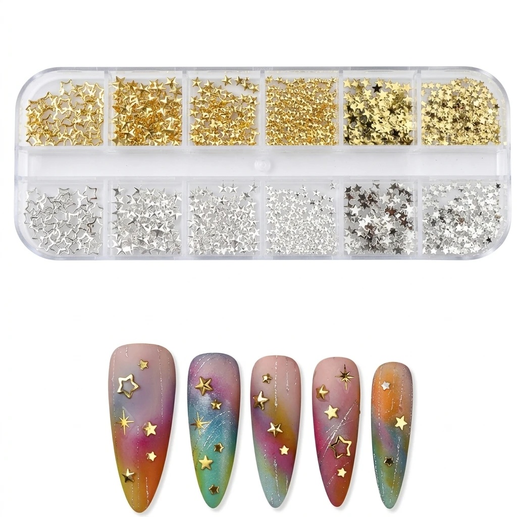 12-Grid Mixed Size Gold Silver Metal Star Nail Decorations Alloy Plating Craftsmanship For Manicure DIY