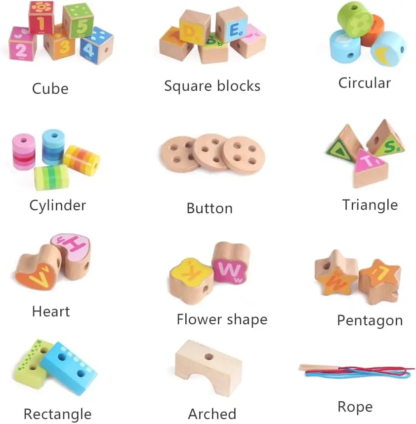 Blocs de construction à filetage de chiffres et de lettres, 33 pièces, avec boîte de rangement en bois, entraînement de la motricité fine pour 3 à 6 ans