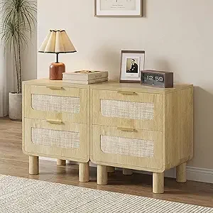 

Set o 2 Nightstands Wooden Night Stands with Rattan Ders Home Bede End Table or Bedroom