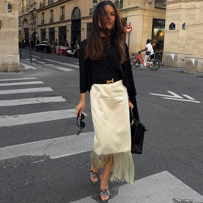 Street Chic Beige Satin Tassels Long Skirts For Woman 2026 Elegant High Waist Straight Skirts Casual Loose Skirt Female